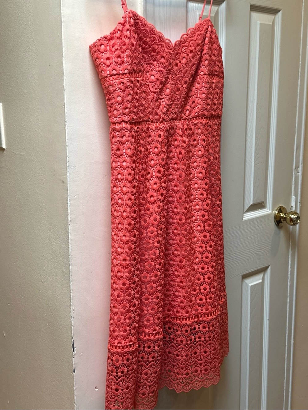 J. Crew Coral Lace Midi Dress with Spaghetti Straps
